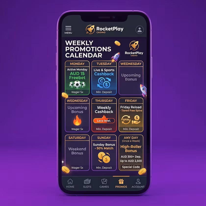 Weekly promotions calendar with reload, cashback and freebet days